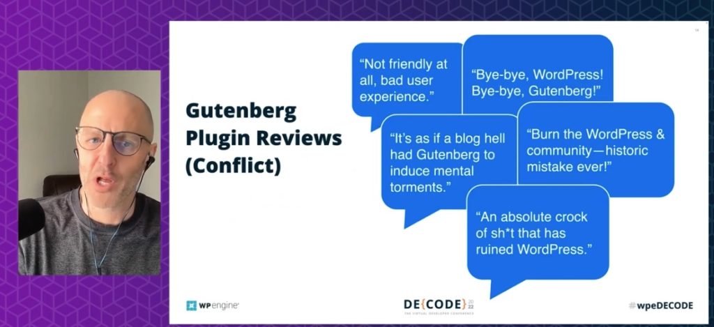 Translation of info in photo:  Gutenberg Plugin Reviews (Conflict)  "Not friendly at all, bad user experience."  "Bye-bye, WordPress! Bye-bye, Gutenberg!"  "It's as if a blog hell had Gutenberg to induce mental torments."  "Burn the WordPress & community - historic mistake ever!"  "An absolute crock of sh*t that has ruined WordPress."
