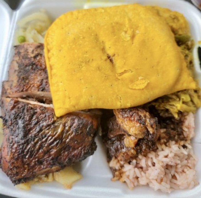 Picture of Beef Patty, Jerk Chicken, Peas and Rice, Cabbage and curry