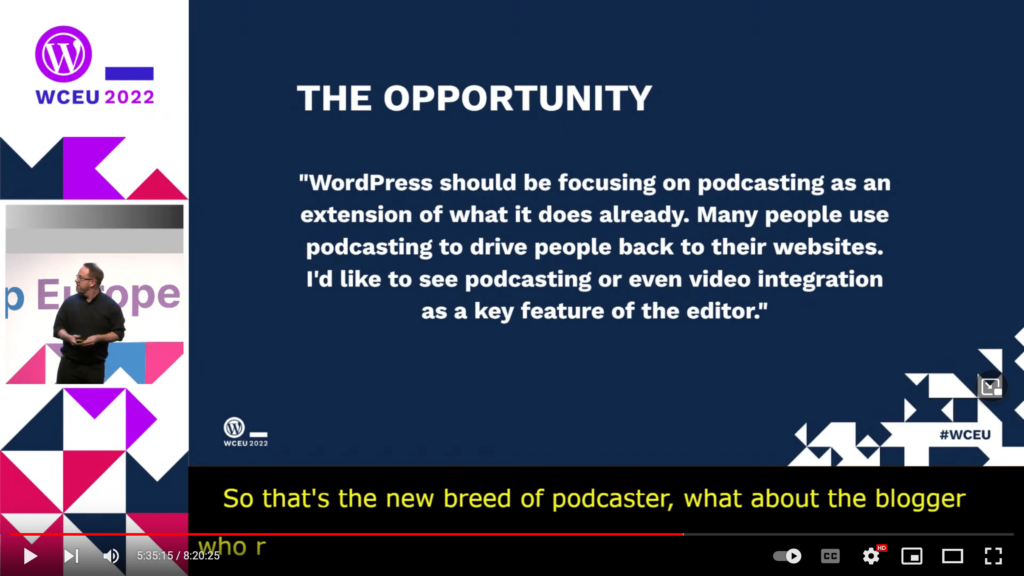 WordPress should be focusing on podcasting as an extension of what it does already.  Many people use podcasting to drive people back to their websites.  I'd like to see podcasting or even video integration as a key feature of the editor.