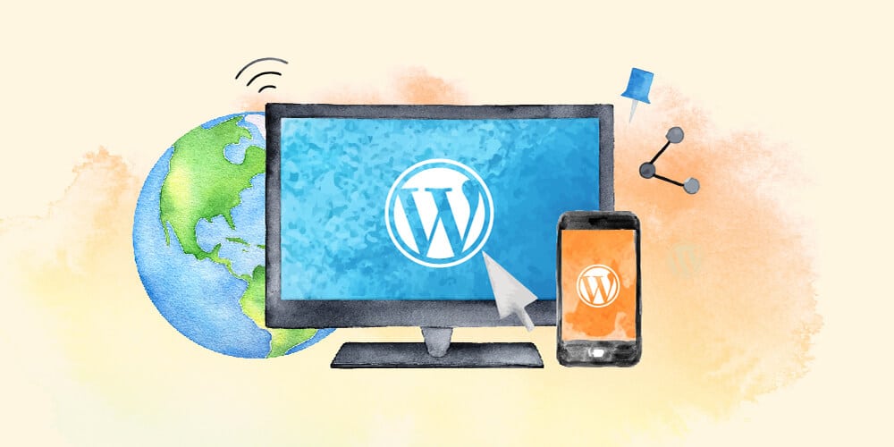 A glob of earth and a computer and smartphone both connected to WordPress logos presumably online