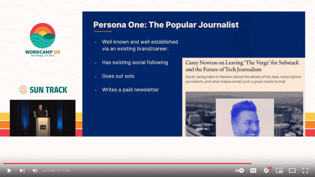 Persona One: The Popular Journalist
Well known and well established via an existing brand/career 
Has existing social following
Goes out solo
Writes a paid newsletter