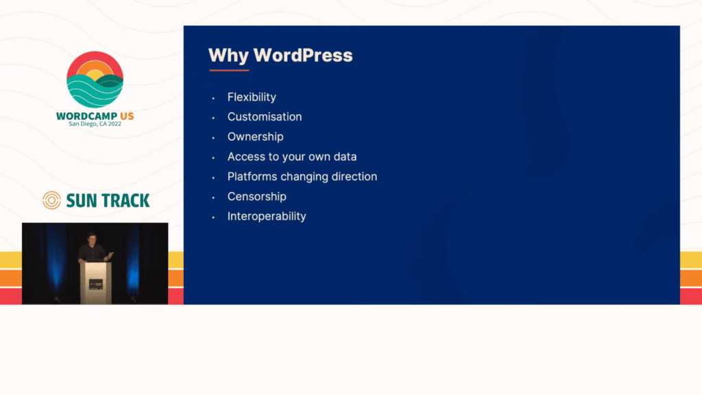 Why WordPress
Flexibility
Customisation
Ownership
Access to your own data
Platforms changing direction
censorship
Interoperability