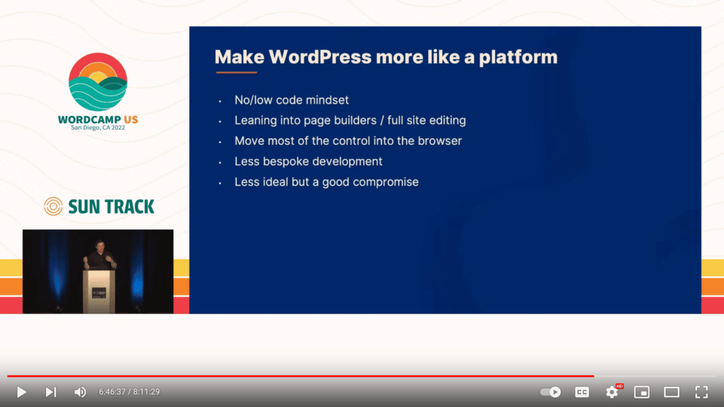 Make WordPress more like a platform
No/low code mindset
Leaning into page builders/ full site editing
Move most of the control into the browser
Less bespoke development
Less ideal but a good compromise