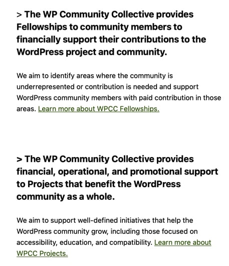 The WP Community Collective provides Fellowships to community members to financially support their contributions to the WordPress project and community.
We aim to identify areas where the community is underrepresented or contribution is needed and support WordPress community members with paid contribution in those areas. Learn more about WPCC Fellowships.
