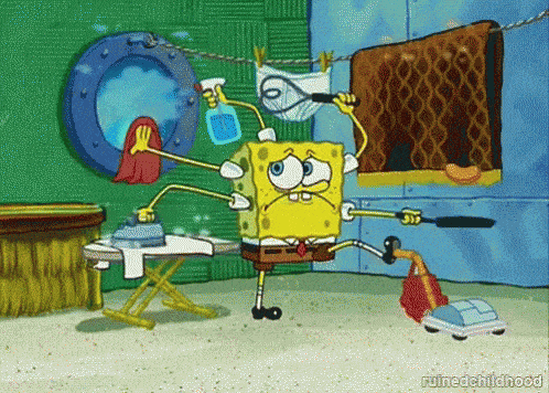 Spongebob Squarepants doing a series of chores and looking overwhelmed