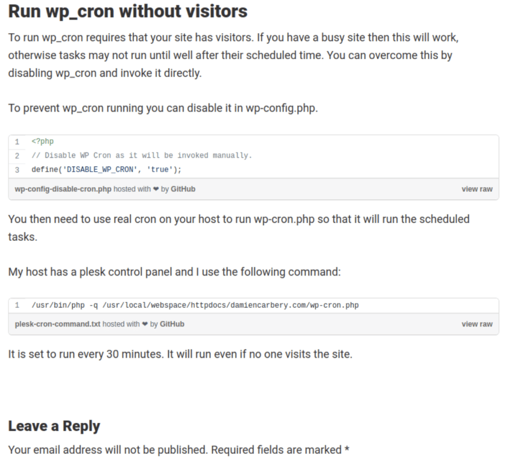 Screenshot from “How to use cron” article, explaining how to run wp_cron without visitors.
