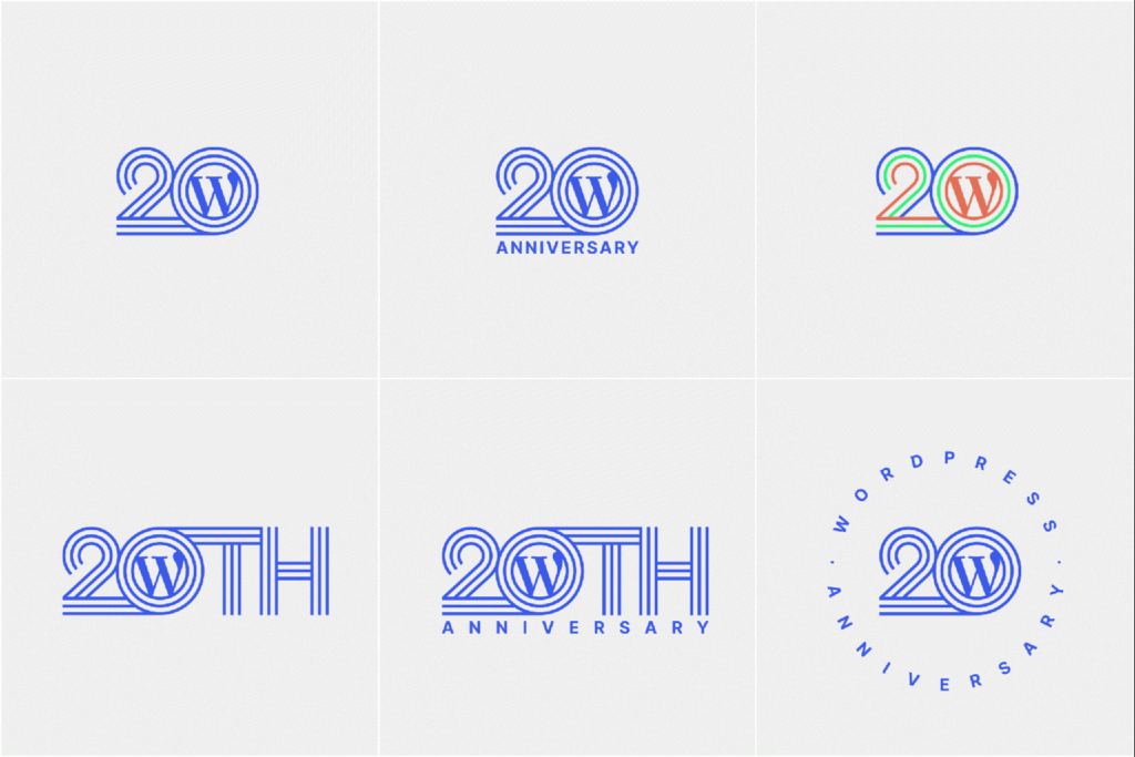 6 different WordPress 20th Anniversary logos.